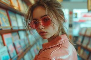 ai generado joven eslavo mujer en un rosado cuero chaqueta y rosado Gafas de sol en un música Tienda foto