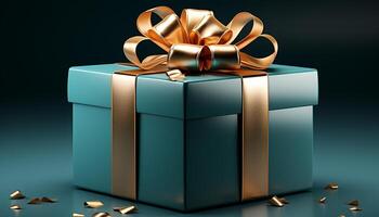 AI generated A shiny gold gift box wrapped in blue wrapping paper generated by AI photo