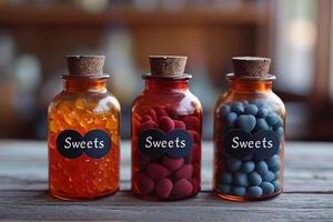 AI generated Bottles with text Sweets with candies inside, Valentines Day theme photo