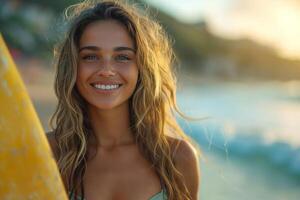 AI generated young woman at the beach, radiating joy as she holds a surfboard, capturing the essence of exotic beauty photo