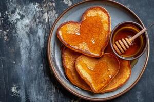 AI generated stack of heart-shaped pancakes with honey on a plate. View from above. Served on the kitchen table for breakfast photo
