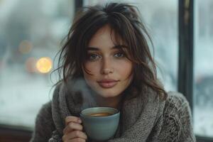 AI generated woman with a captivating presence sits by the window, holding a steaming cup of coffee photo