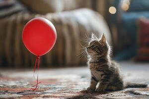 AI generated Little kitten in the living room with a red balloon. Gift concept photo