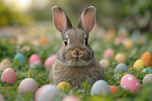 ai generado Conejo en un campo lleno con de colores pequeño Pascua de Resurrección huevos foto