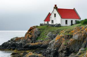 AI generated Solitude coastal cottage in overcast weather photo