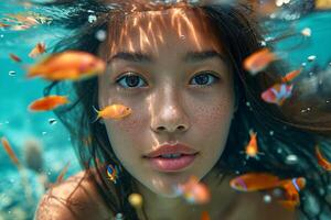 AI generated Beautiful woman with long black hair swimming in the red sea with colorful fish and corals photo