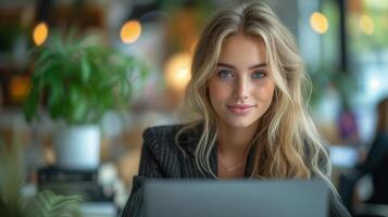 AI generated Young woman in a black business suit with a gray laptop, in the office sits at an additional table on which there is a houseplant. Modern office in light colours photo