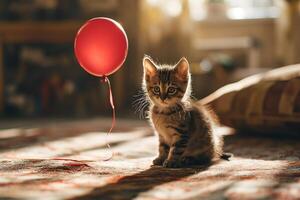 AI generated Little kitten in the living room with a red balloon. Gift concept photo