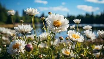 AI generated Vibrant chamomile blossoms in a tranquil meadow, a summer beauty generated by AI photo