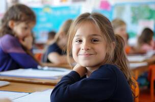 ai generado sonriente niña a colegio escritorio foto