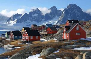 AI generated Greenlandic village with snowy mountains photo