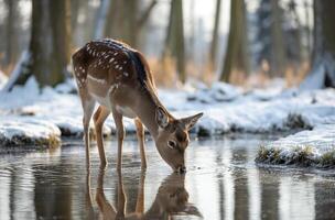 ai generado ciervo Bebiendo en un bosque lago en invierno foto