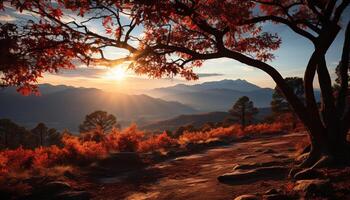 AI generated Tranquil scene  sunset over mountain range, nature beauty in autumn generated by AI photo