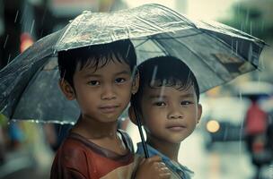 AI generated Brotherly care in the rain photo