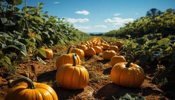 AI generated Pumpkin harvest, autumn farm, nature bounty, vibrant orange gourd generated by AI photo