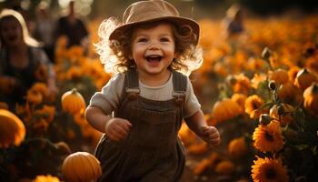 AI generated Smiling child enjoys autumn, playing with pumpkins in nature generated by AI photo