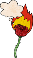 cartoon flaming rose with thought bubble in grunge texture style png