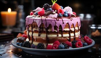 AI generated A decadent homemade chocolate cake with fresh raspberry and strawberry generated by AI photo