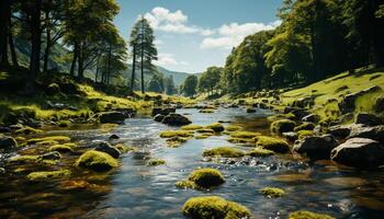 ai generado naturaleza belleza bosque, agua, montañas, verde paisaje, fluido río generado por ai foto