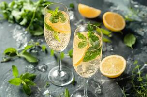 AI generated Glasses of champagne with lemon and mint photo