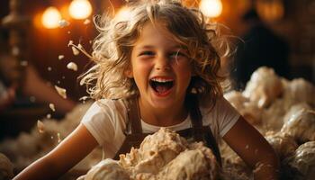 ai generado sonriente linda muchachas horneando galletas, alegre infancia en Doméstico cocina generado por ai foto