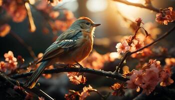 AI generated A cute sparrow perching on a branch, enjoying the springtime generated by AI photo