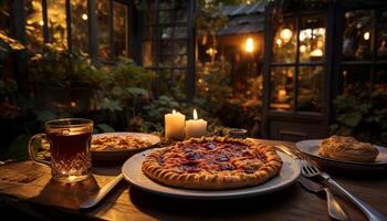 AI generated Wooden table, flame burning, gourmet meal, fresh pizza, homemade dessert generated by AI photo