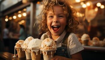 ai generado sonriente niño disfrutando hielo crema, puro felicidad en un retrato generado por ai foto