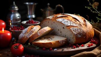 AI generated Freshness on the table  gourmet bread, rustic slice, homemade delicatessen generated by AI photo