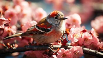AI generated Tranquil bird perching on branch, surrounded by blossoming cherry blossoms generated by AI photo