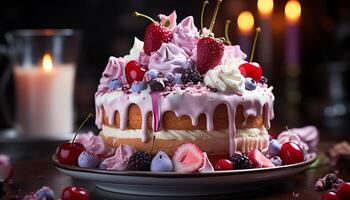 AI generated Birthday cake with strawberry and raspberry decoration, whipped cream indulgence generated by AI photo