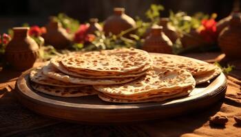 AI generated Homemade dessert  Fresh pancake stack with fruit on wooden plate generated by AI photo