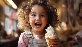 AI generated Smiling child enjoying ice cream, carefree and full of happiness generated by AI photo