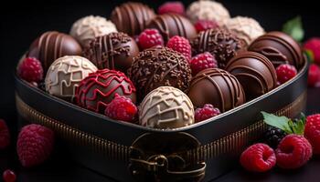 AI generated Indulgent gourmet dessert  dark chocolate truffle ball with fresh raspberry generated by AI photo
