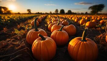 ai generado calabaza cosecha, otoño celebracion, escalofriante linterna, vibrante naranja puesta de sol generado por ai foto