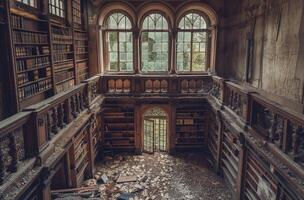 ai generado el majestad de un abandonado biblioteca foto