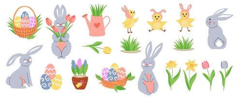 Big easter set of cute characters and holiday decor vector