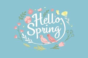 Hola primavera mano logotipo letras primavera temporada con hoja, flor, mariposa, pájaro para saludo tarjeta, invitación modelo. vector