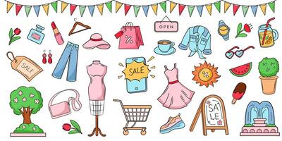 Summer Sale. City shopping. Shopping mall. Colorful doodle set of elements. Clothing, shoes, perfume, jewelry, accessories. vector