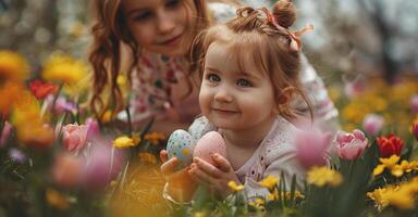 ai generado pequeño niña reunión vistoso huevo en parque. Pascua de Resurrección cazar concepto foto