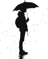 AI generated Silhouette boy with umbrella during drizzle black color only vector