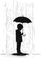 AI generated Silhouette boy with umbrella during drizzle black color only vector