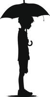 AI generated Silhouette boy with umbrella during drizzle black color only vector