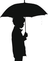 AI generated Silhouette boy with umbrella during drizzle black color only vector