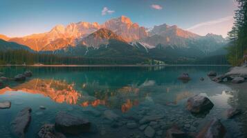 AI generated Serene Dawn at Eibsee Lake with Zugspitze Mountain Reflections. photo