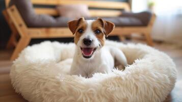 AI generated Cheerful Jack Russell Terrier in Fluffy Bed. Generative AI photo