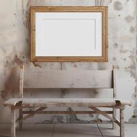 AI generated A rustic bench with a blank wooden frame on a distressed wall. photo