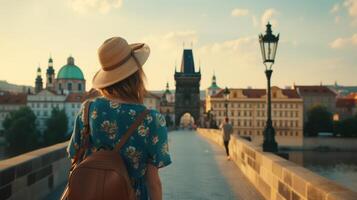 ai generado un hembra viajero en un floral vestir admira el ver desde Charles puente en praga. foto