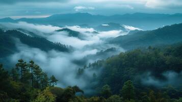 AI generated Ethereal Sunrise Over Verdant Mountains With Rolling Mist. photo