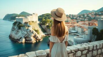 ai generado joven mujer en verano vestir disfrutando el panorámico ver de Dubrovnik línea costera. foto